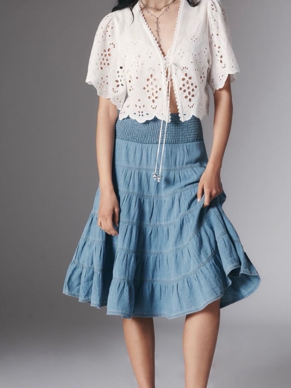 Pilcro Light Blue Tiered Cotton Midi Skirt